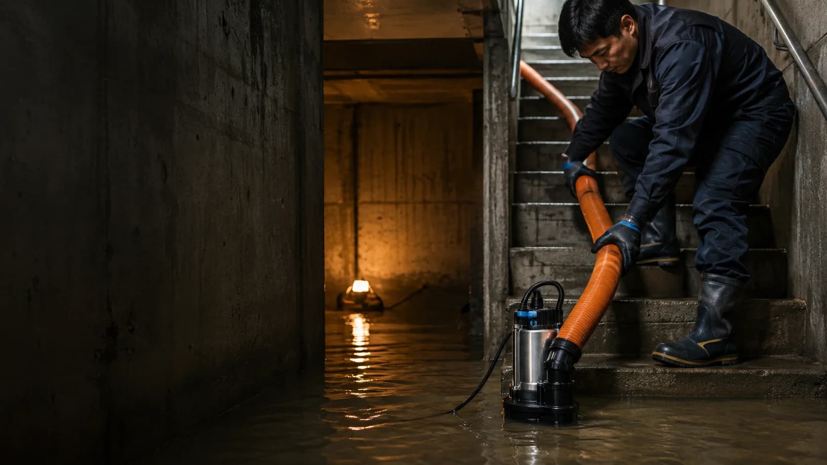 浸水した地下で、作業員がポンプとホースで溜まった水を汲み出すイメージ